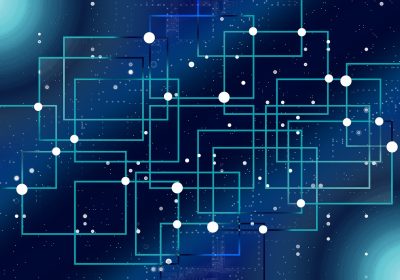 数据中心机房内密集的服务器机柜，蓝色指示灯闪烁，代表快连全球服务器节点网络的基础设施